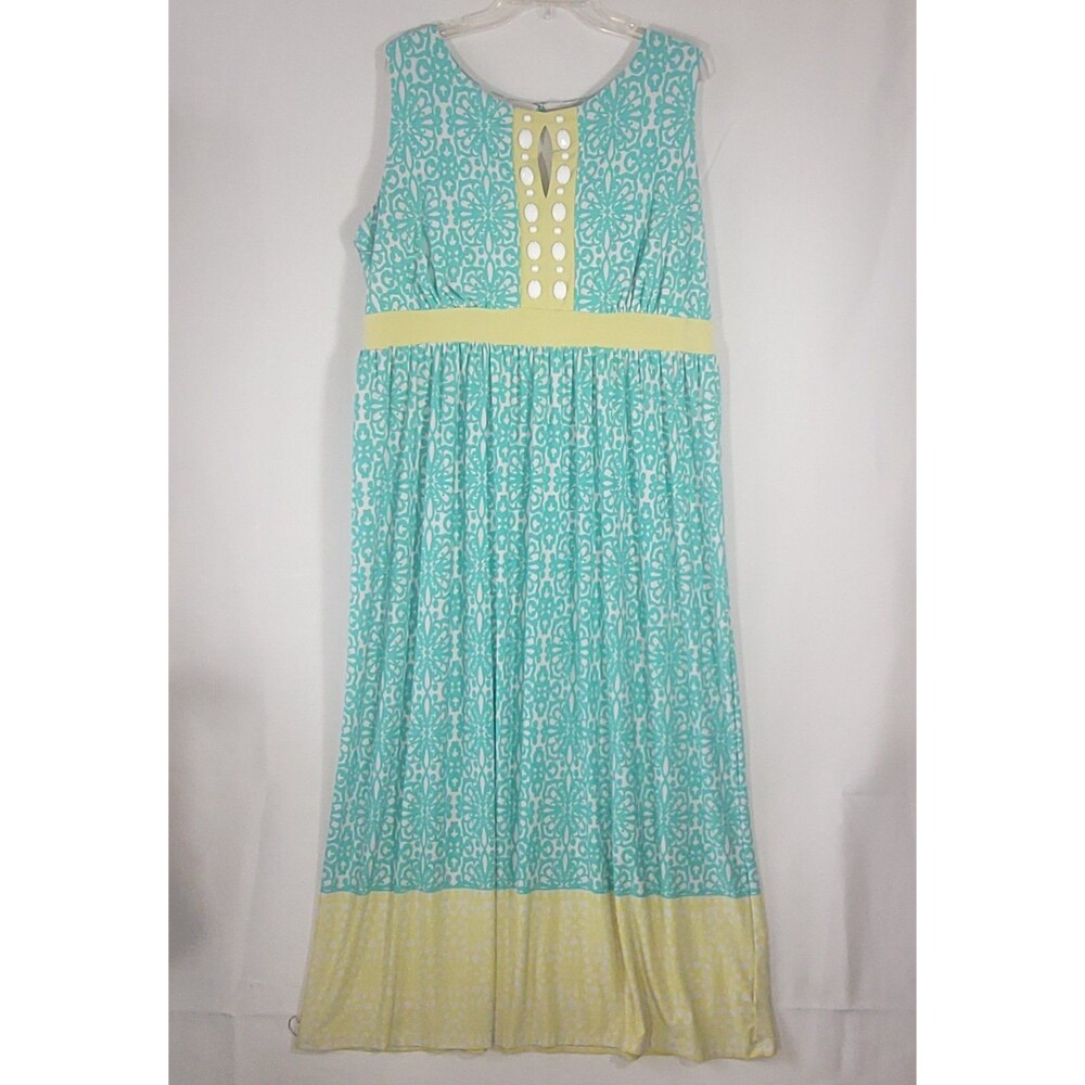 Ruby Rd Woman Sleeveless Mint Green Geometric Maxi Dress Beaded V-Neck Plus 1X